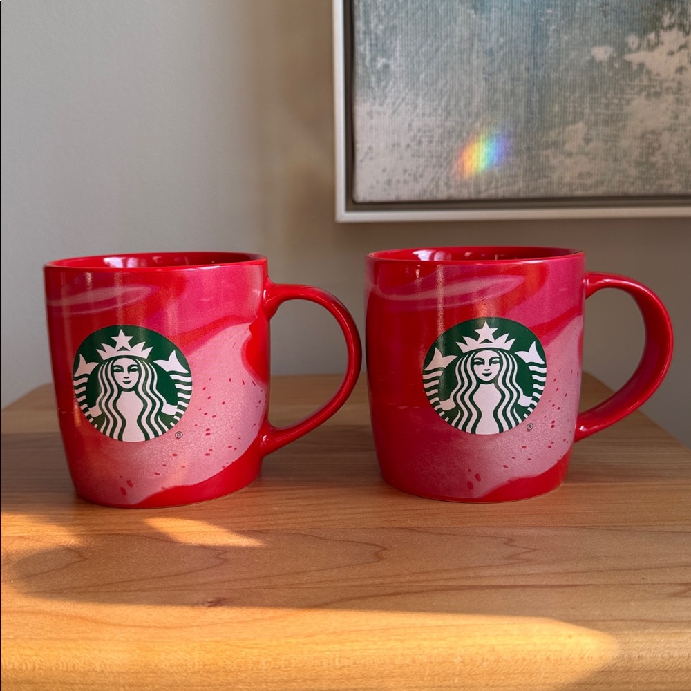 NWOT Set of 2 Starbucks 2024 Holiday Red Pink Marble Swirl Ceramic Coffee Mugs